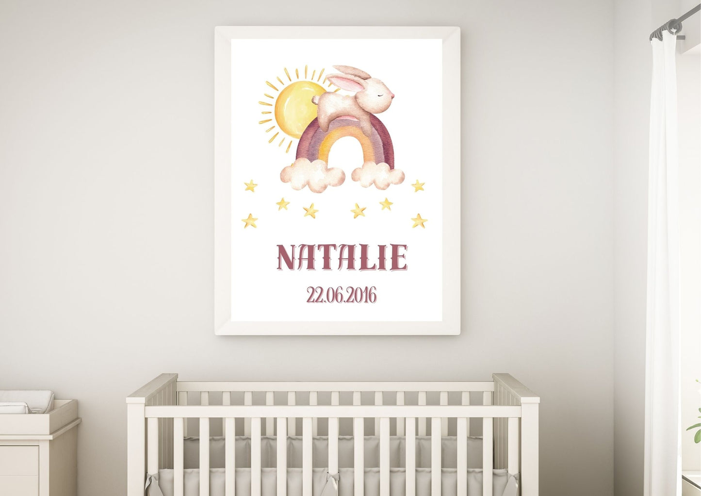 Bunny's Rainbow Journey Personalized Baby Nursery Poster