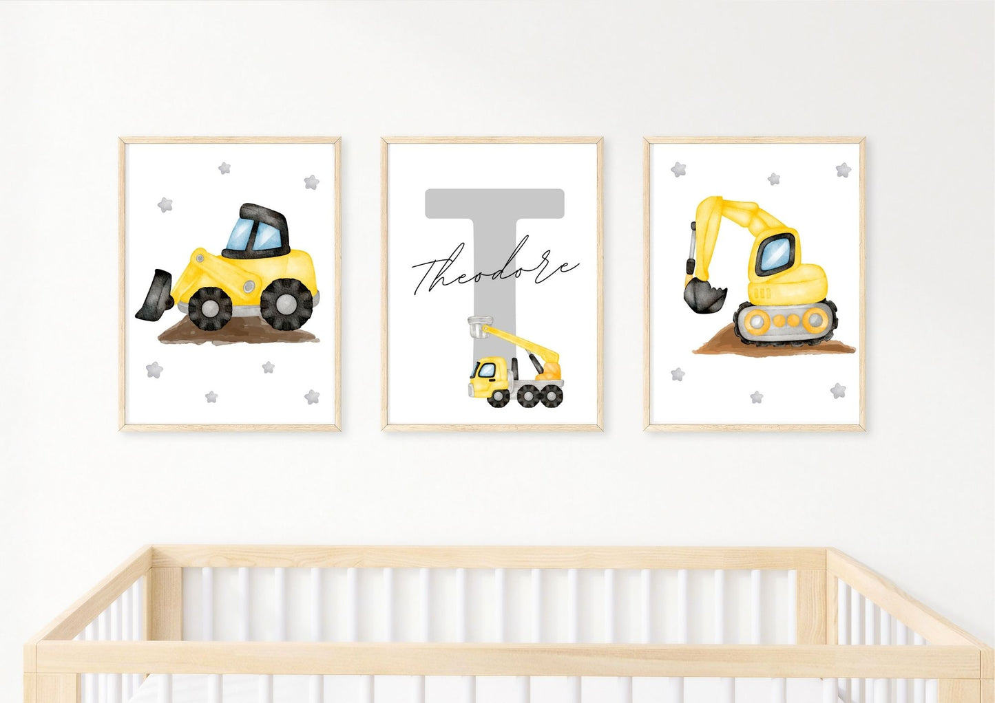 Set of 3 Construction Vehicle Custom Name Nursery Poster