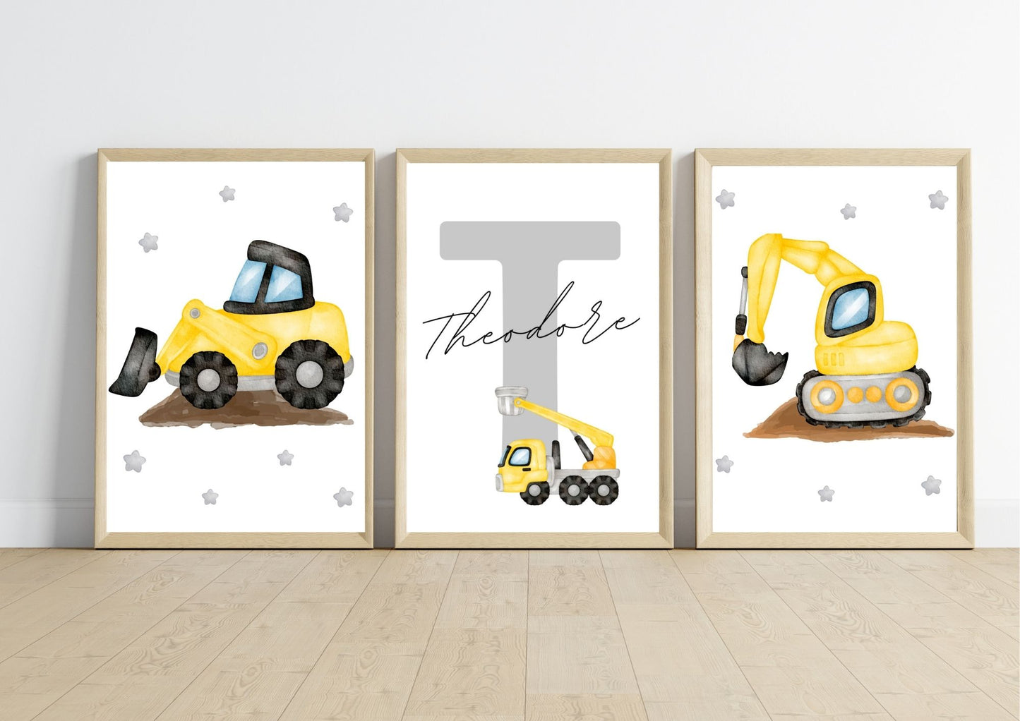 Set of 3 Construction Vehicle Custom Name Nursery Poster