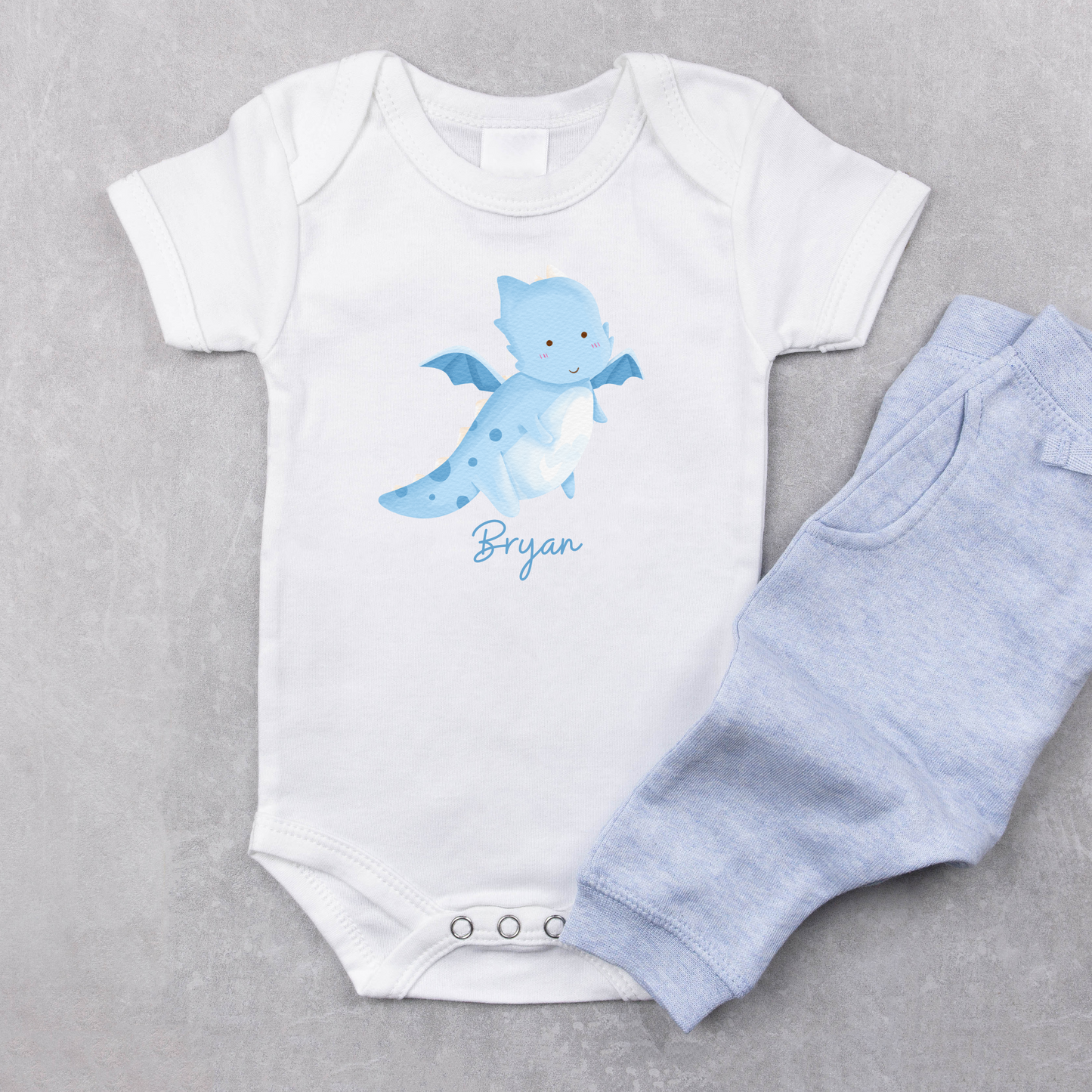 Customised Name Blue Dragon Baby Romper