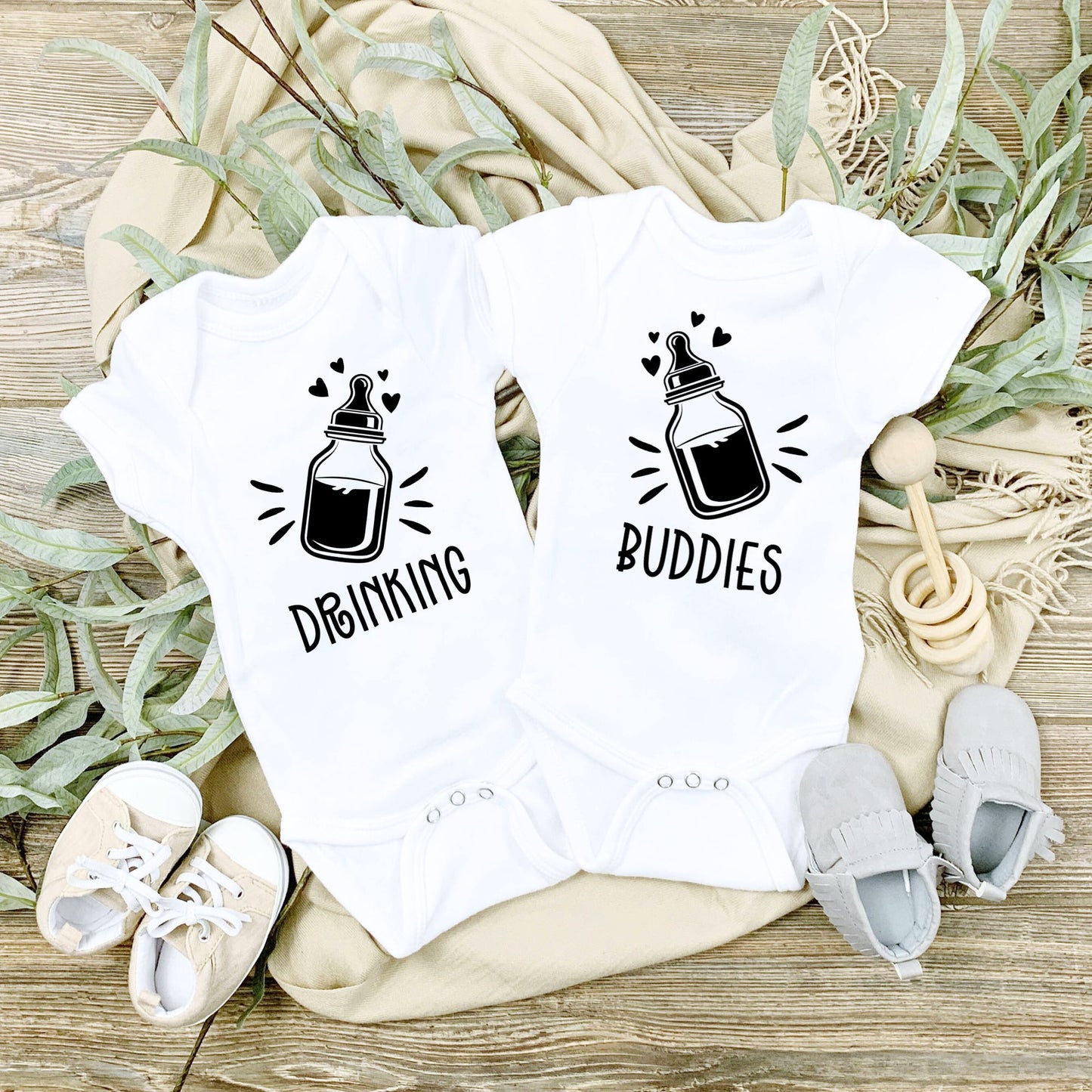 Personalized Drinking Buddies Twin Baby Onesies