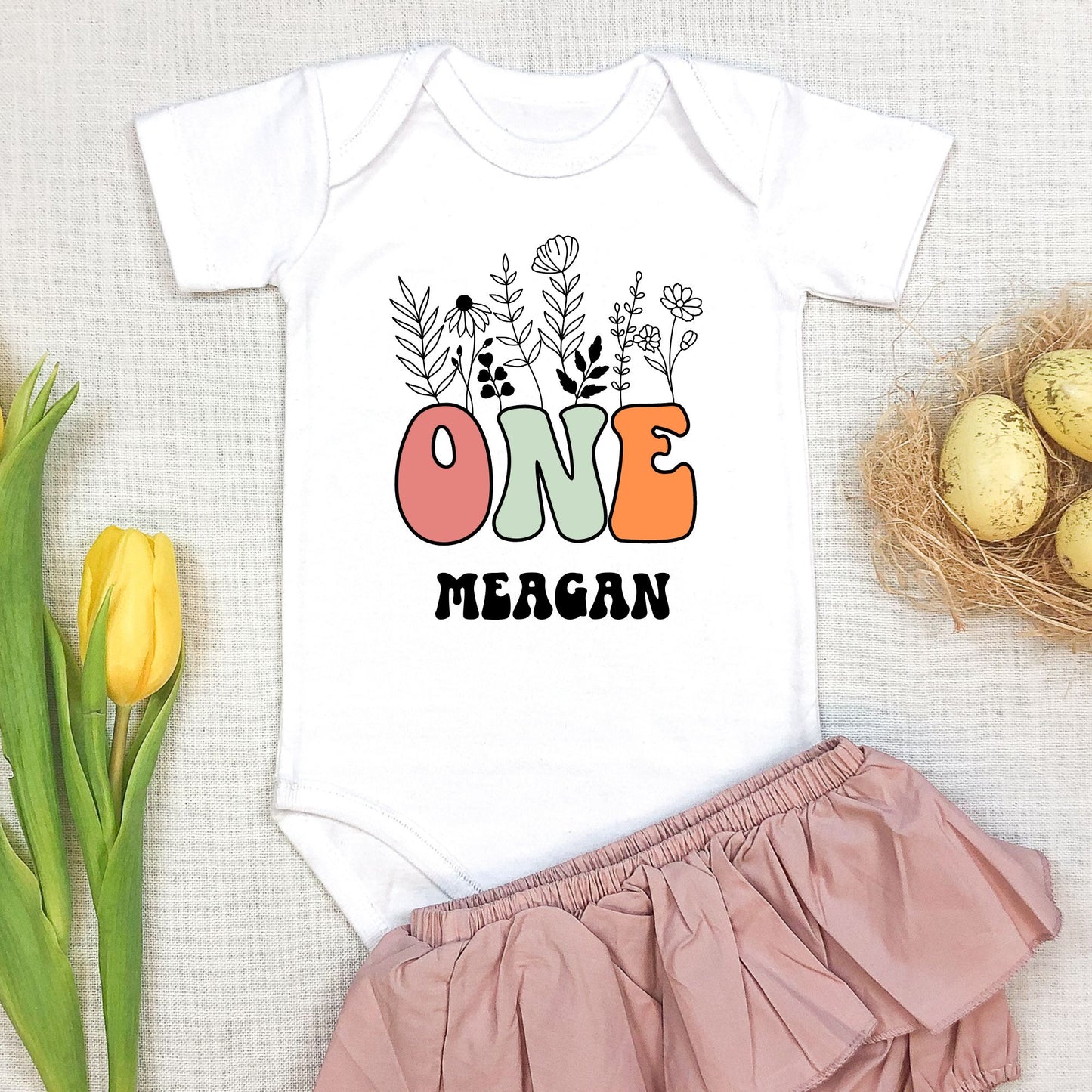 Personalized "Floral First Birthday" Baby Romper