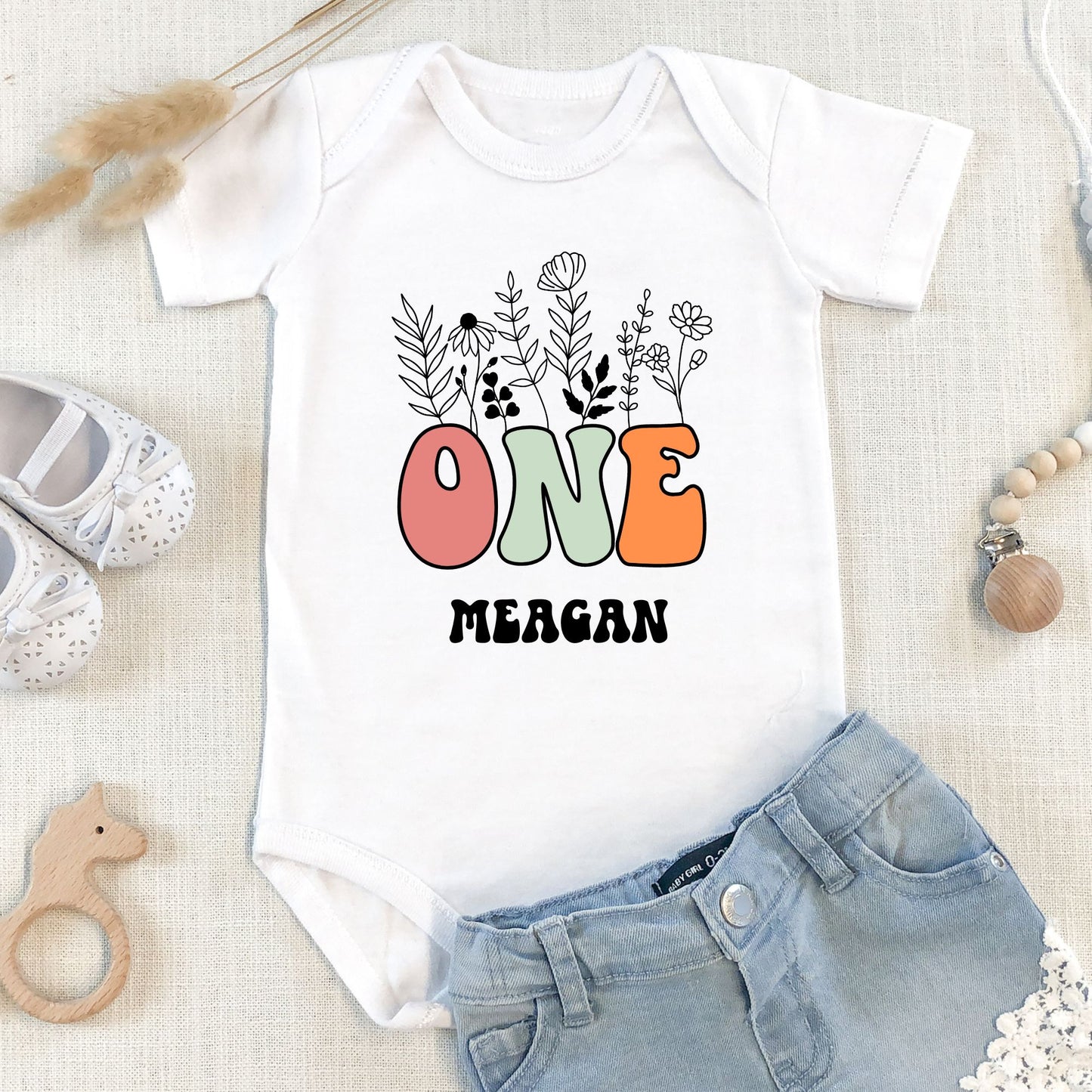 Personalized "Floral First Birthday" Baby Romper