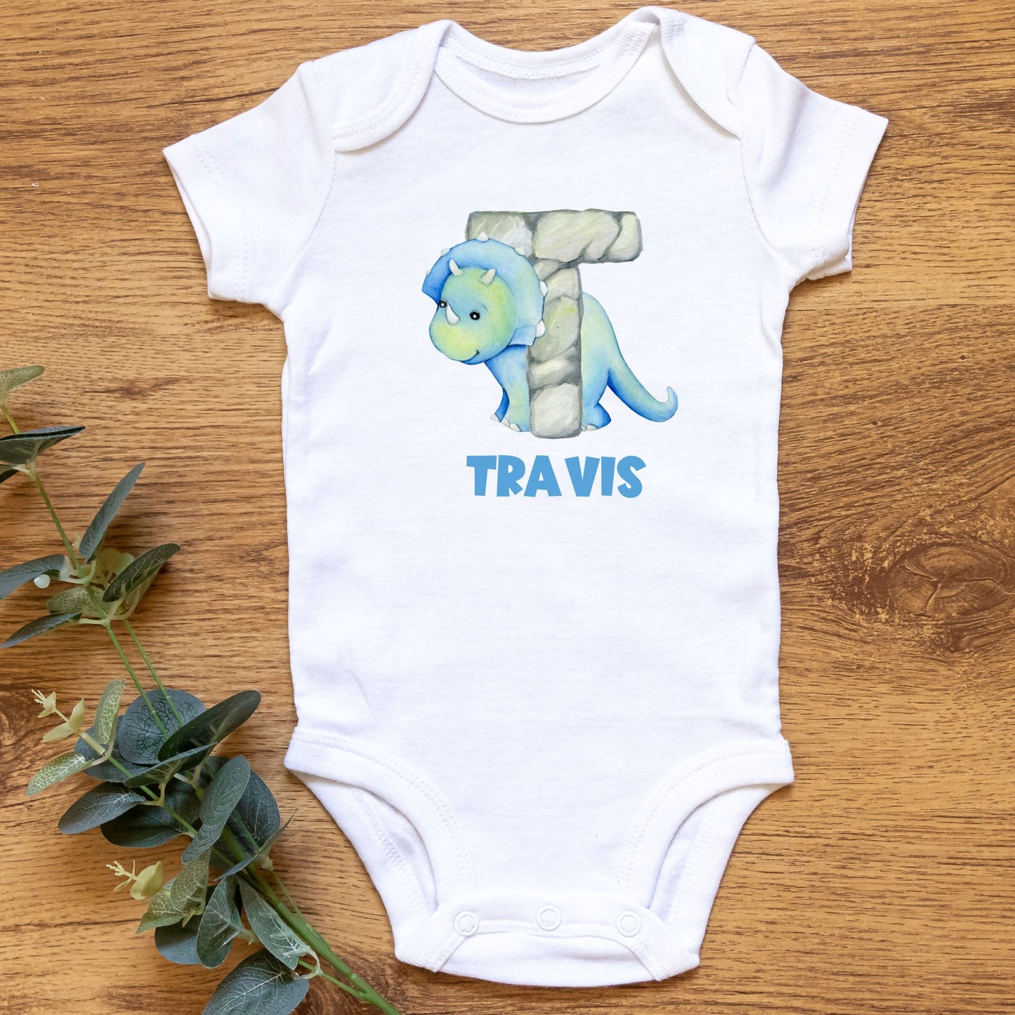 Personalized Name "Dino Alphabet Adventure" Dinosaur Onesie Baby Romper