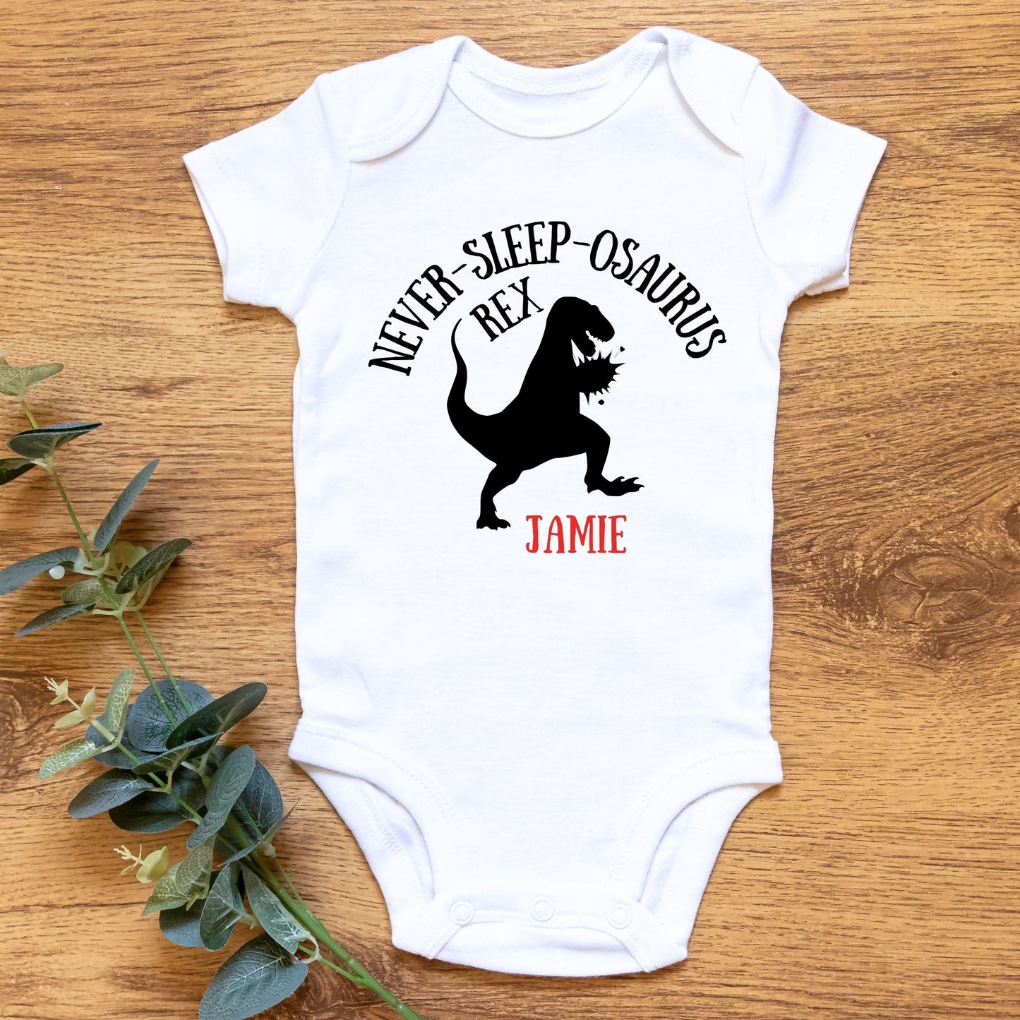Personalized Name "Never-Sleep-O-Saurus Rex" Baby Romper