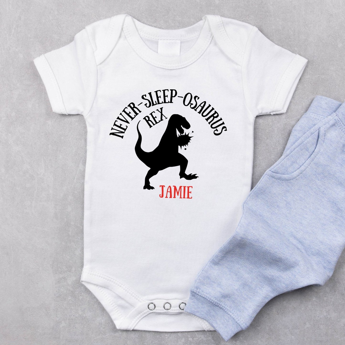 Personalized Name "Never-Sleep-O-Saurus Rex" Baby Romper