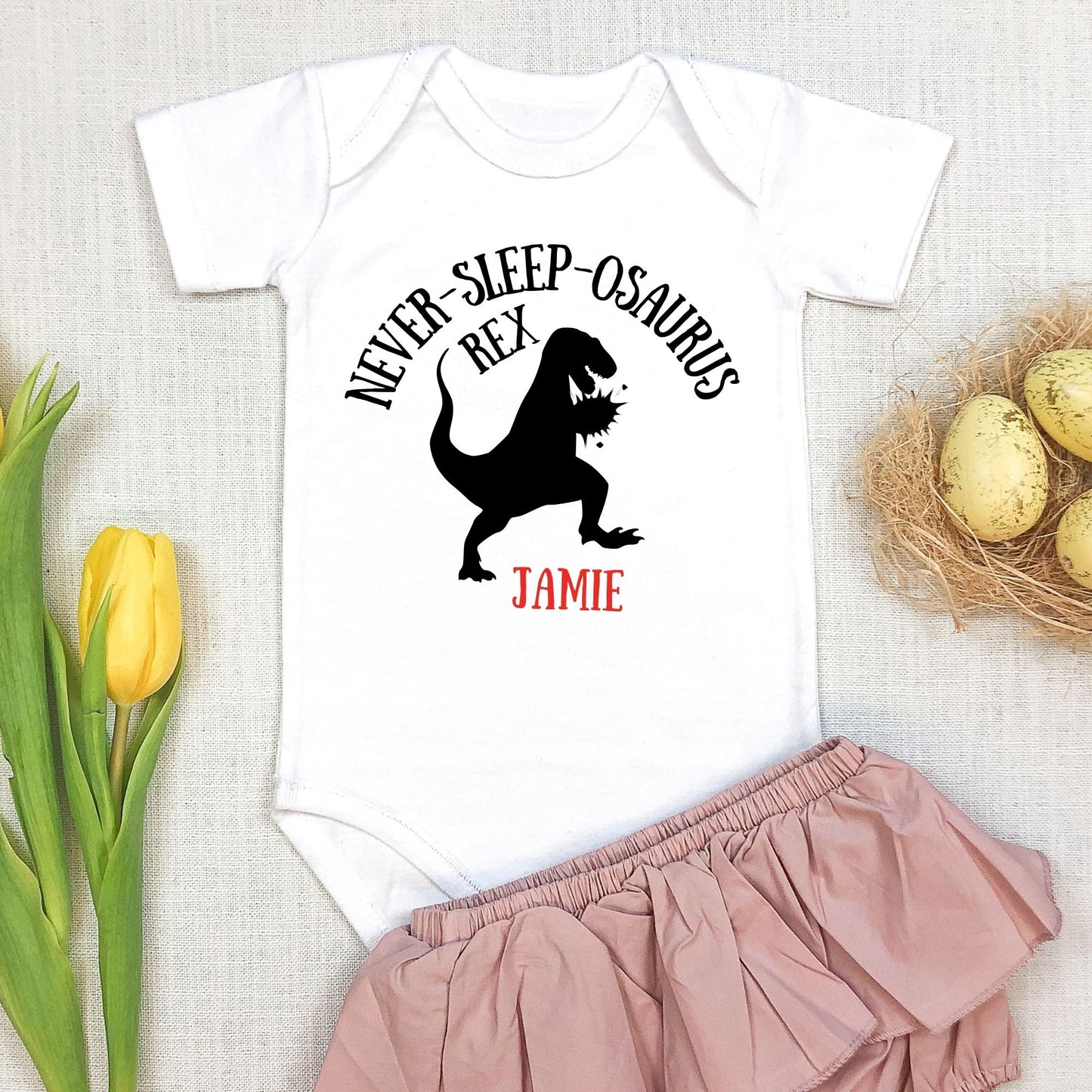 Personalized Name "Never-Sleep-O-Saurus Rex" Baby Romper