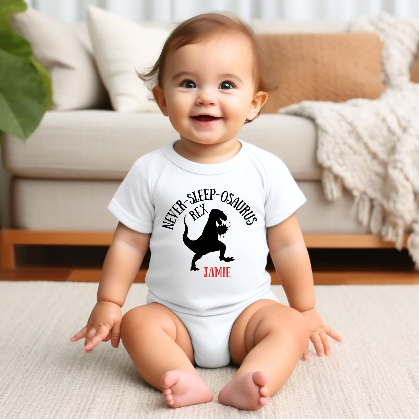 Personalized Name "Never-Sleep-O-Saurus Rex" Baby Romper