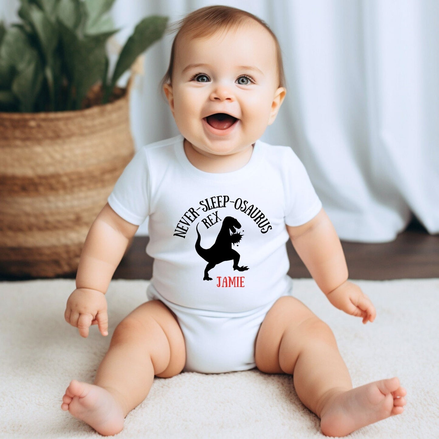 Personalized Name "Never-Sleep-O-Saurus Rex" Baby Romper