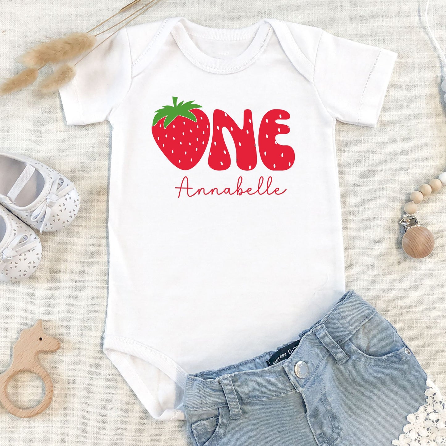 Personalized Strawberry "One" Birthday Baby Romper / Baby Tees