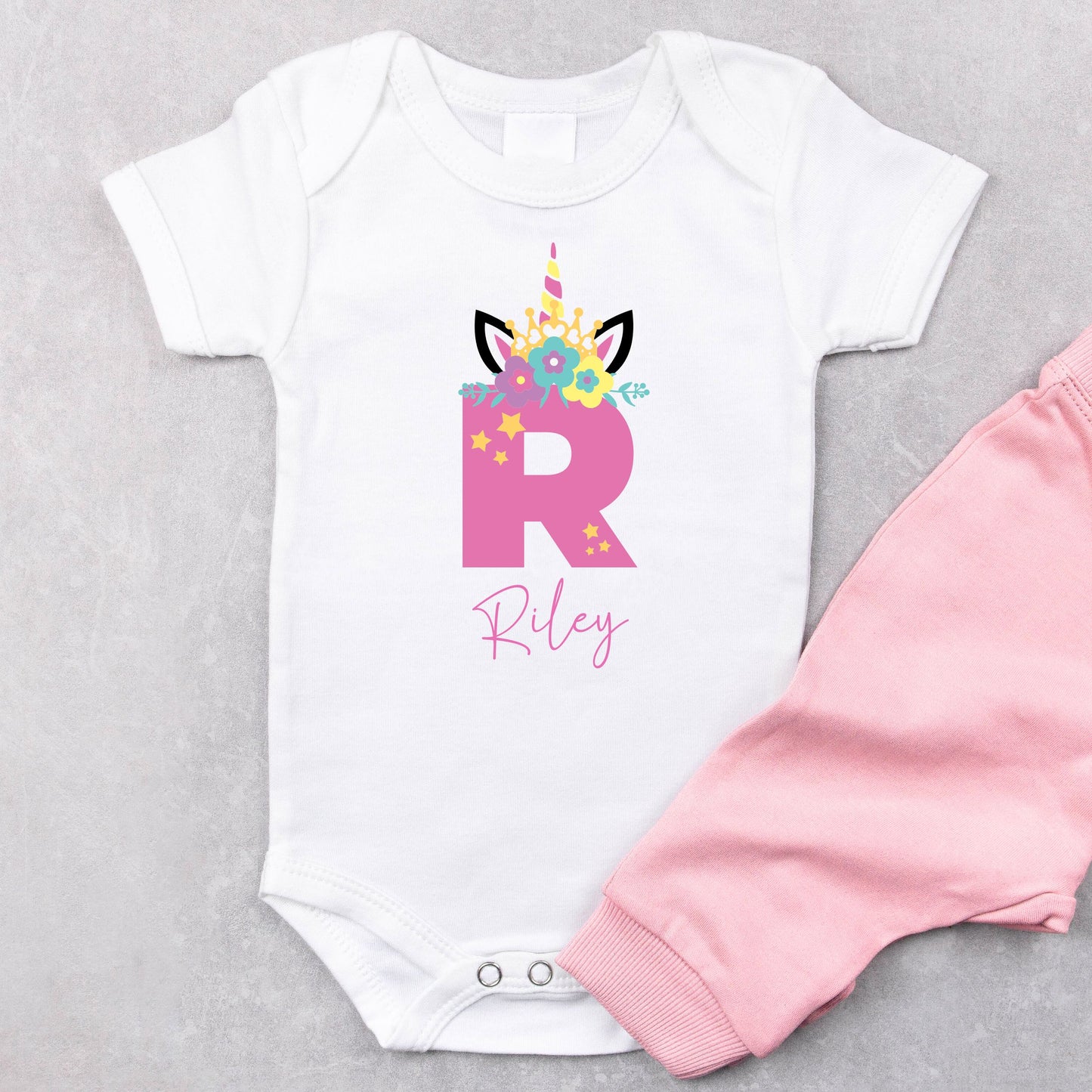 Personalized "Alphabet Charm" Unicorn Onesie Baby Romper