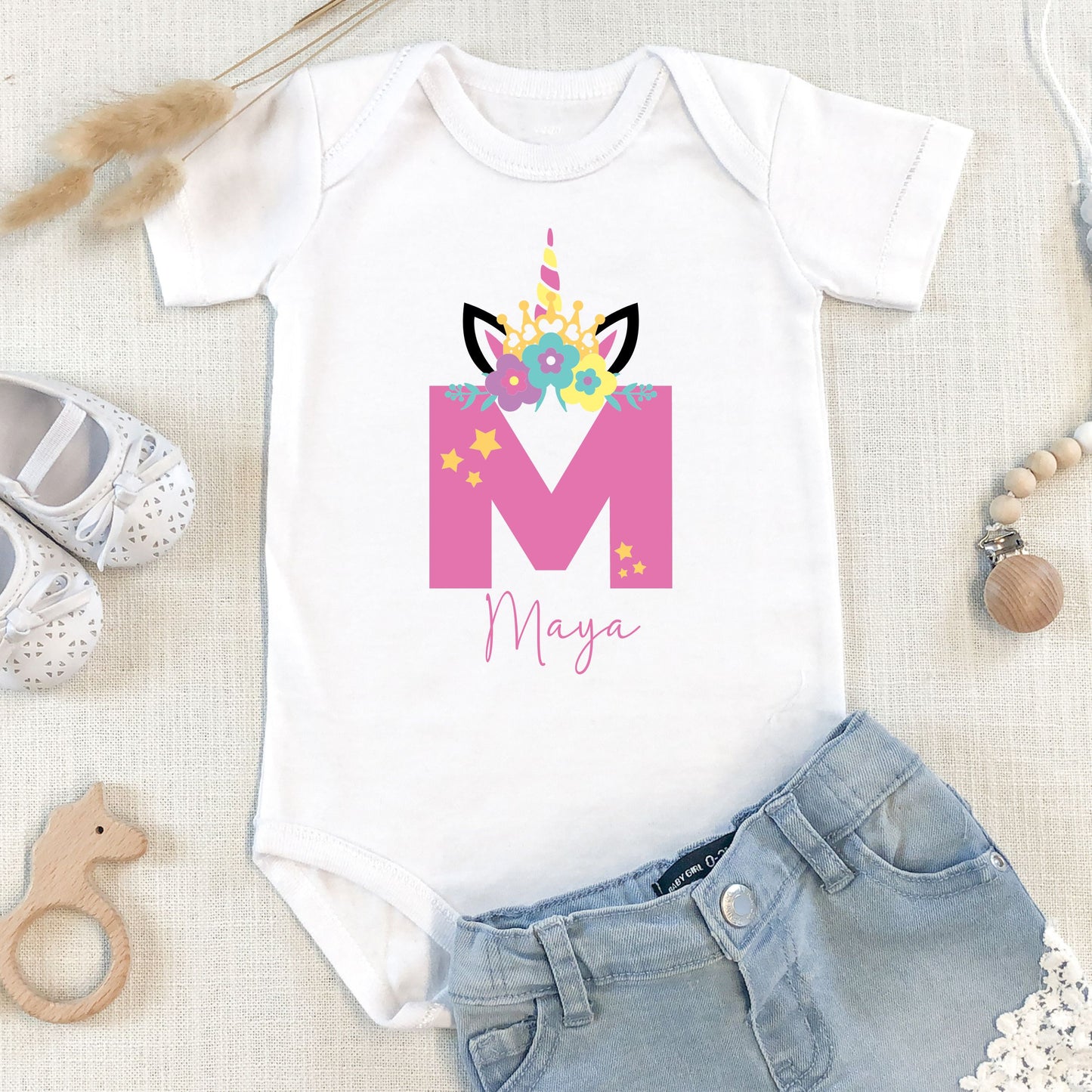Personalized "Alphabet Charm" Unicorn Onesie Baby Romper