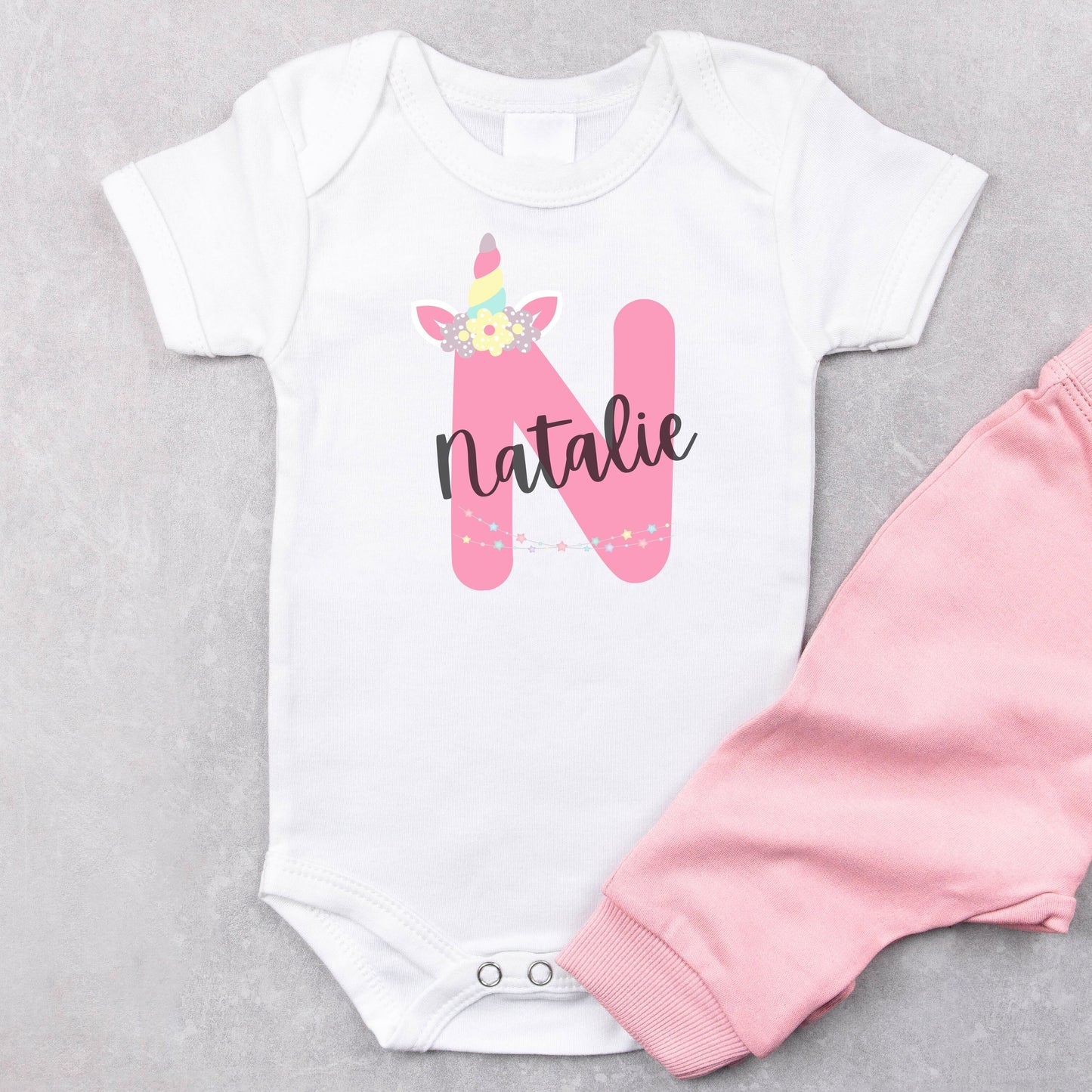 Personalized "Alphabet Dreams" Unicorn Onesie Baby Romper