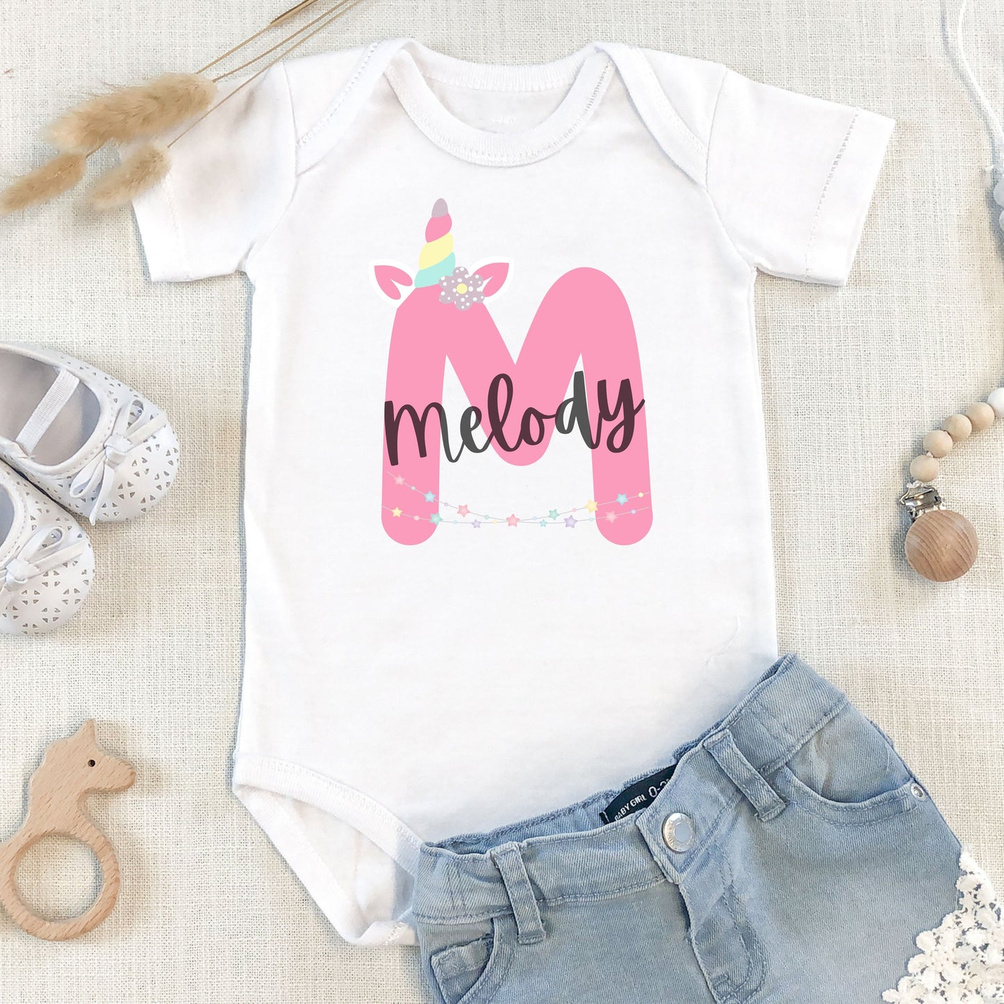 Personalized "Alphabet Dreams" Unicorn Onesie Baby Romper