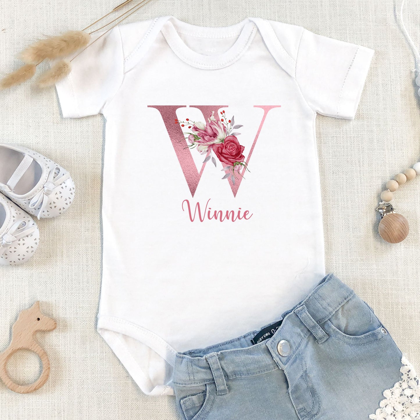 Personalized "Blossom Initial Name" Baby Romper / Baby Tees