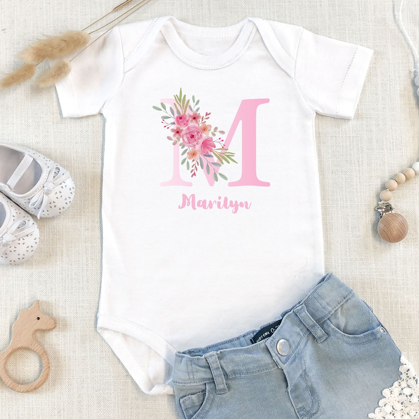Personalized "Floral Initial Name" Baby Romper / Baby Tees