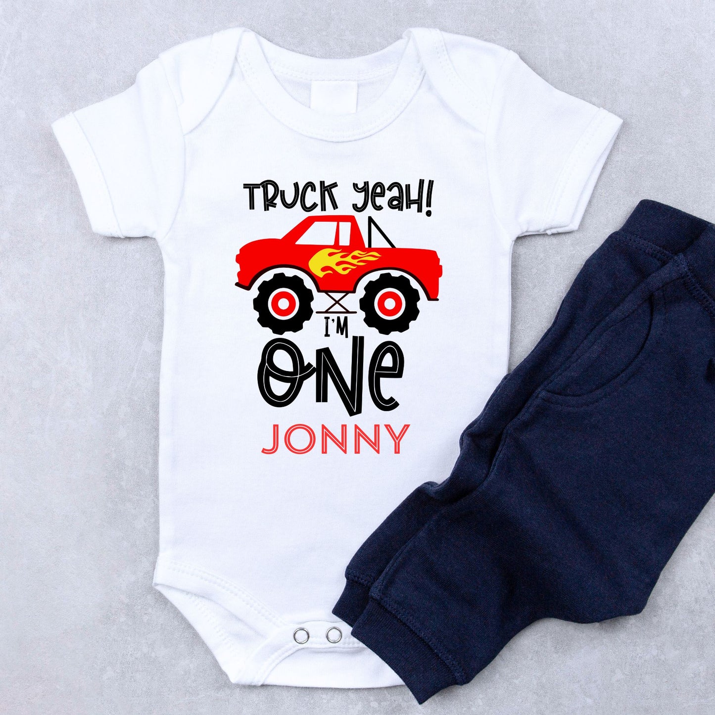 Personalized "Truck Yeah! I'm One" Baby Romper