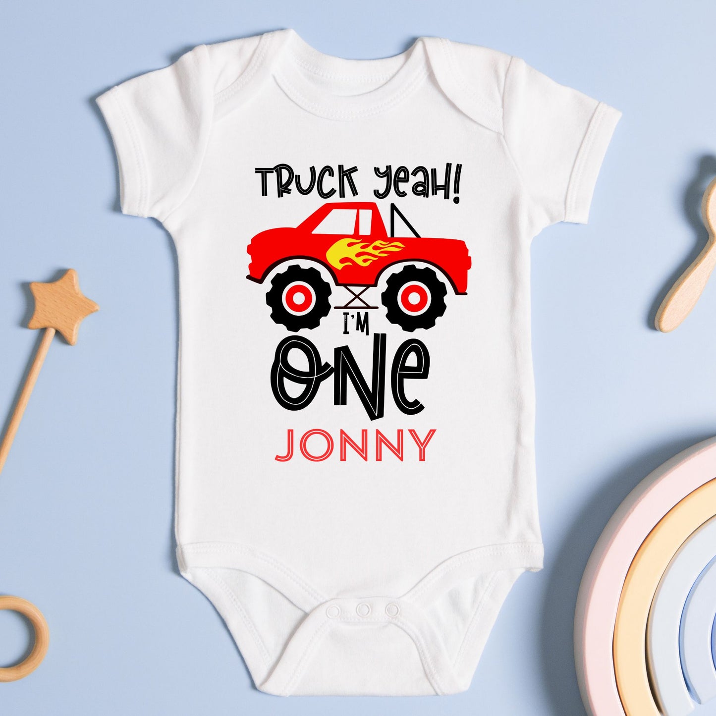 Personalized "Truck Yeah! I'm One" Baby Romper