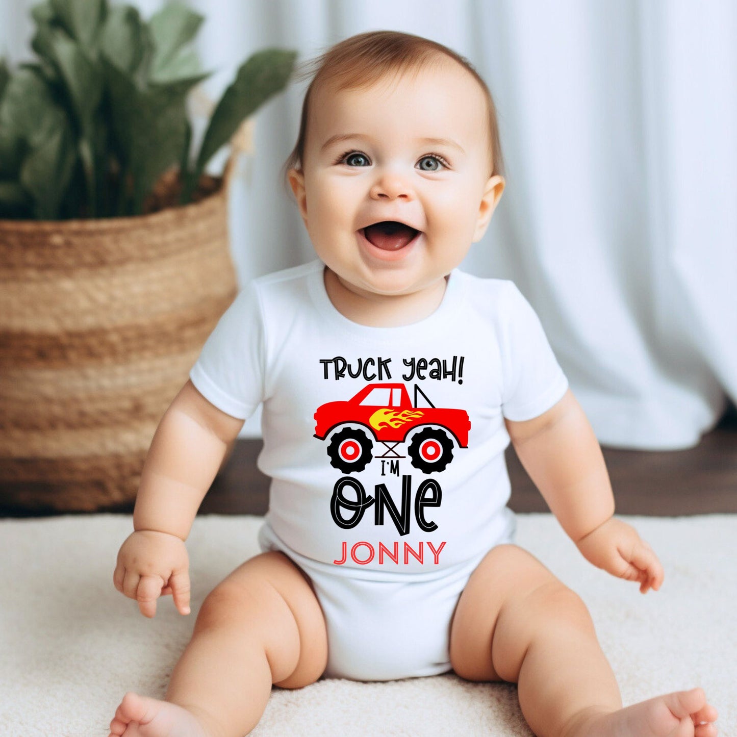 Personalized "Truck Yeah! I'm One" Baby Romper