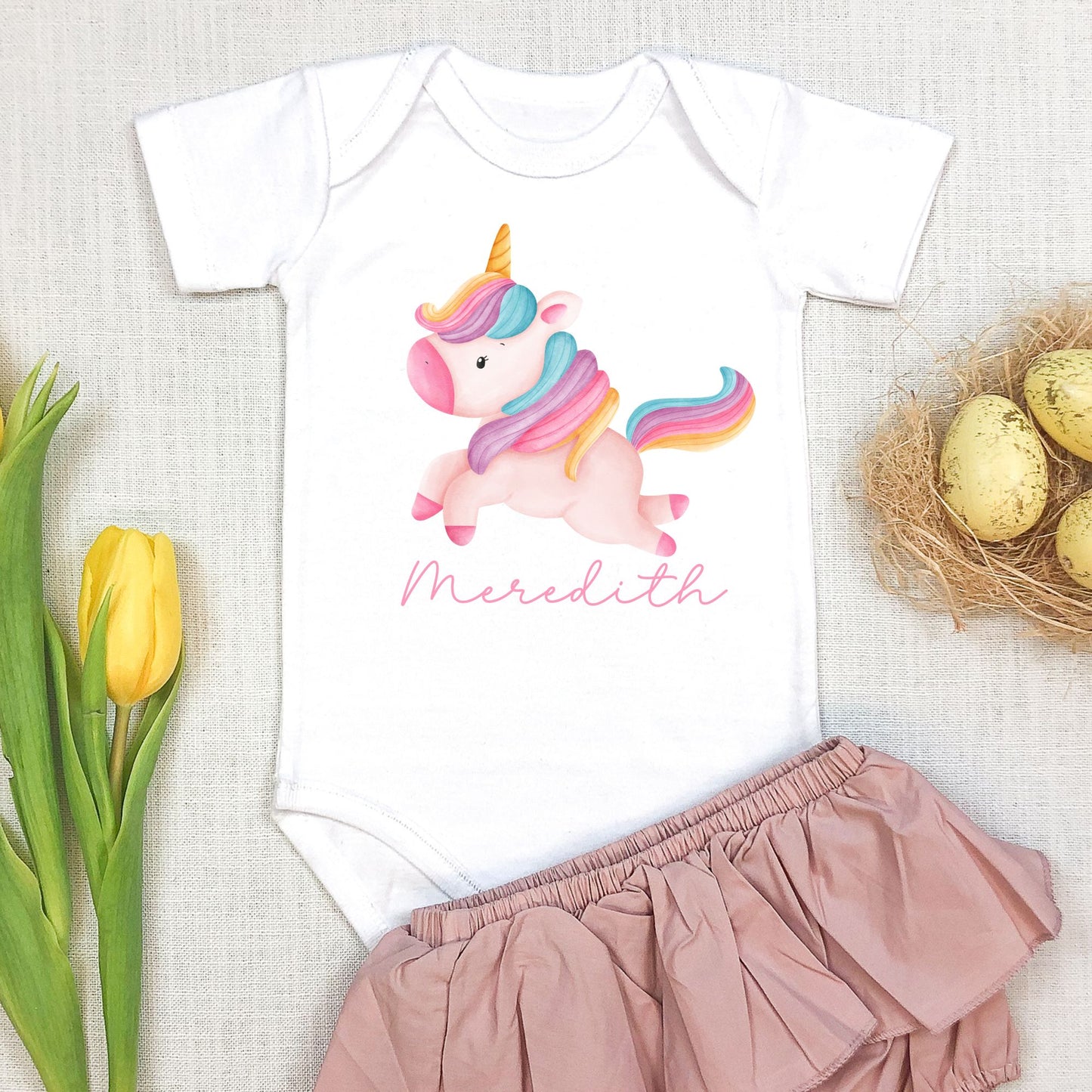 Personalized "Unicorn and Rainbow Delight" Unicorn Onesie Baby Romper