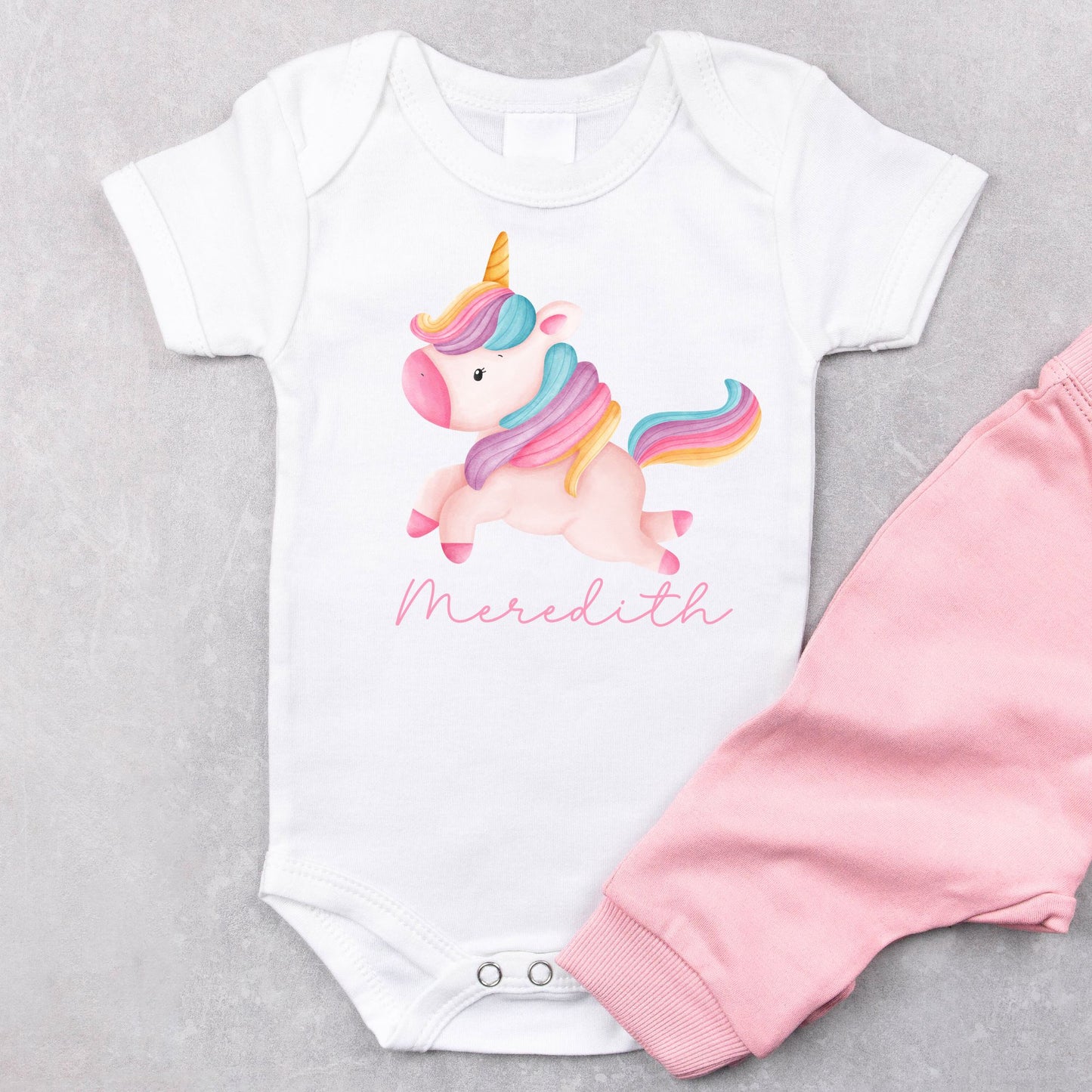 Personalized "Unicorn and Rainbow Delight" Unicorn Onesie Baby Romper