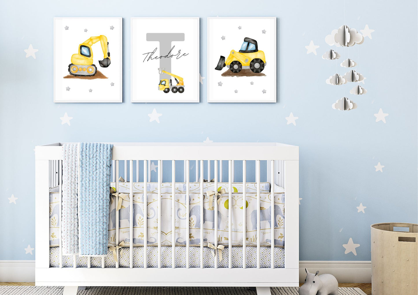 Set of 3 Construction Vehicle Custom Name Nursery Poster