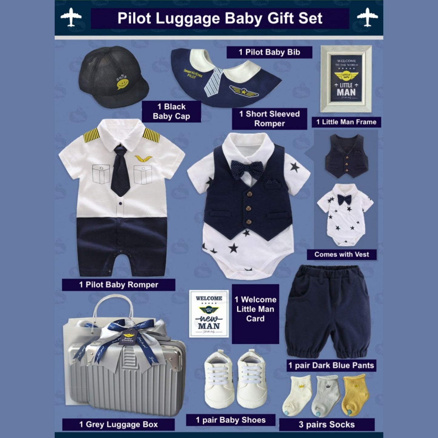 12 pc Handsome Pilot Boy Baby Gift Luggage Set 3-6 Months