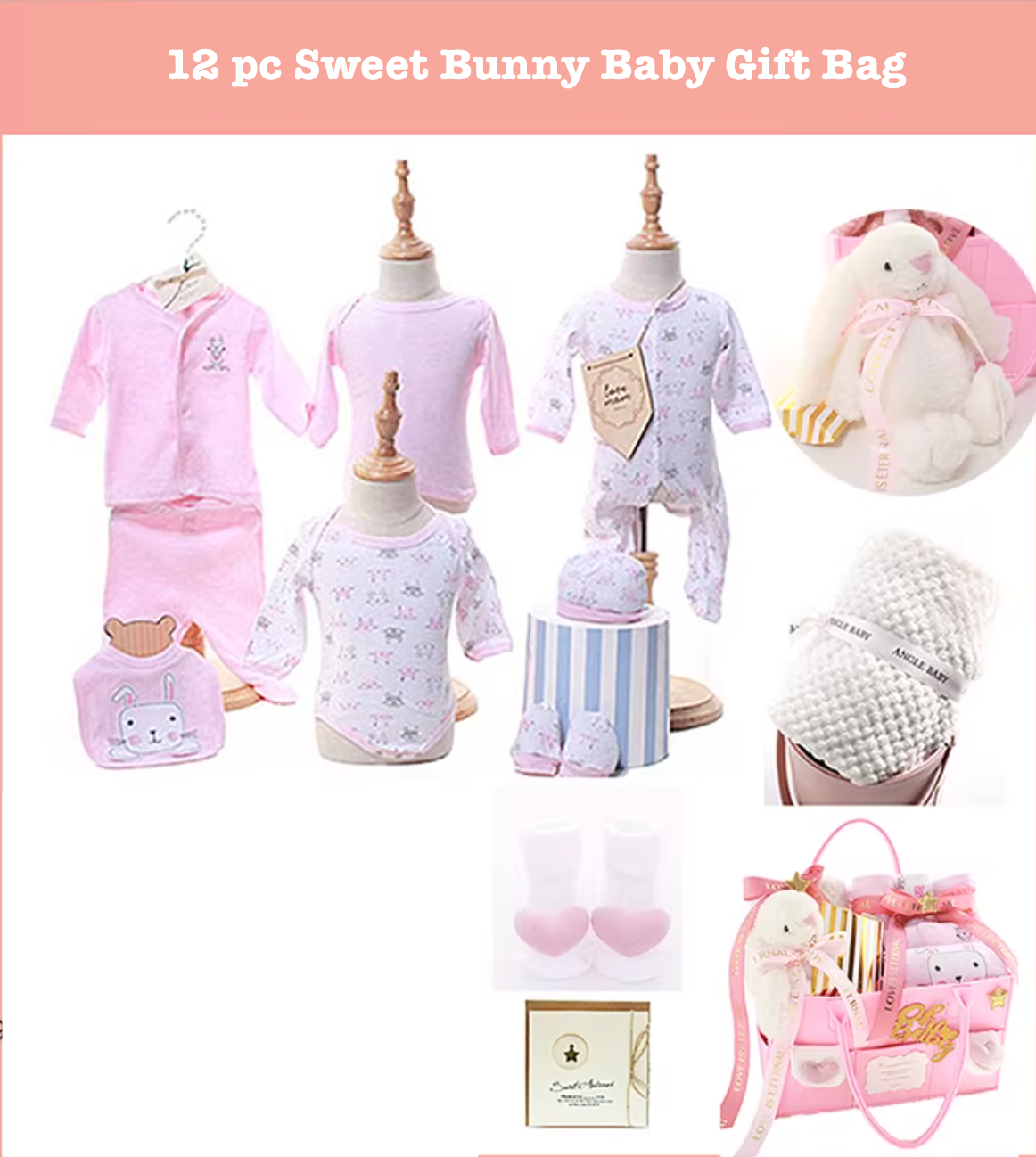Bunny baby girl gift bag with 12 pieces of baby clothing and soft toy.
