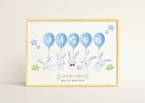 Personalized Baby Nursery Decor Poster - Baby Boy Rabbits