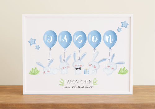 Personalized Baby Nursery Decor Poster - Baby Boy Rabbits