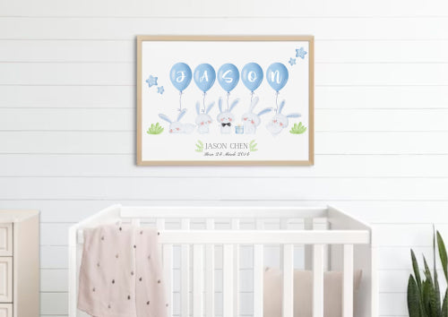 Personalized Baby Nursery Decor Poster - Baby Boy Rabbits