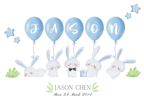 Personalized Baby Nursery Decor Poster - Baby Boy Rabbits