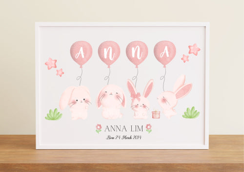 Personalized Baby Name Poster with Adorable Bunnies