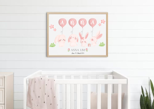 Personalized Baby Name Poster with Adorable Bunnies