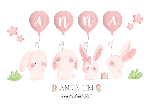 Personalized Baby Name Poster with Adorable Bunnies