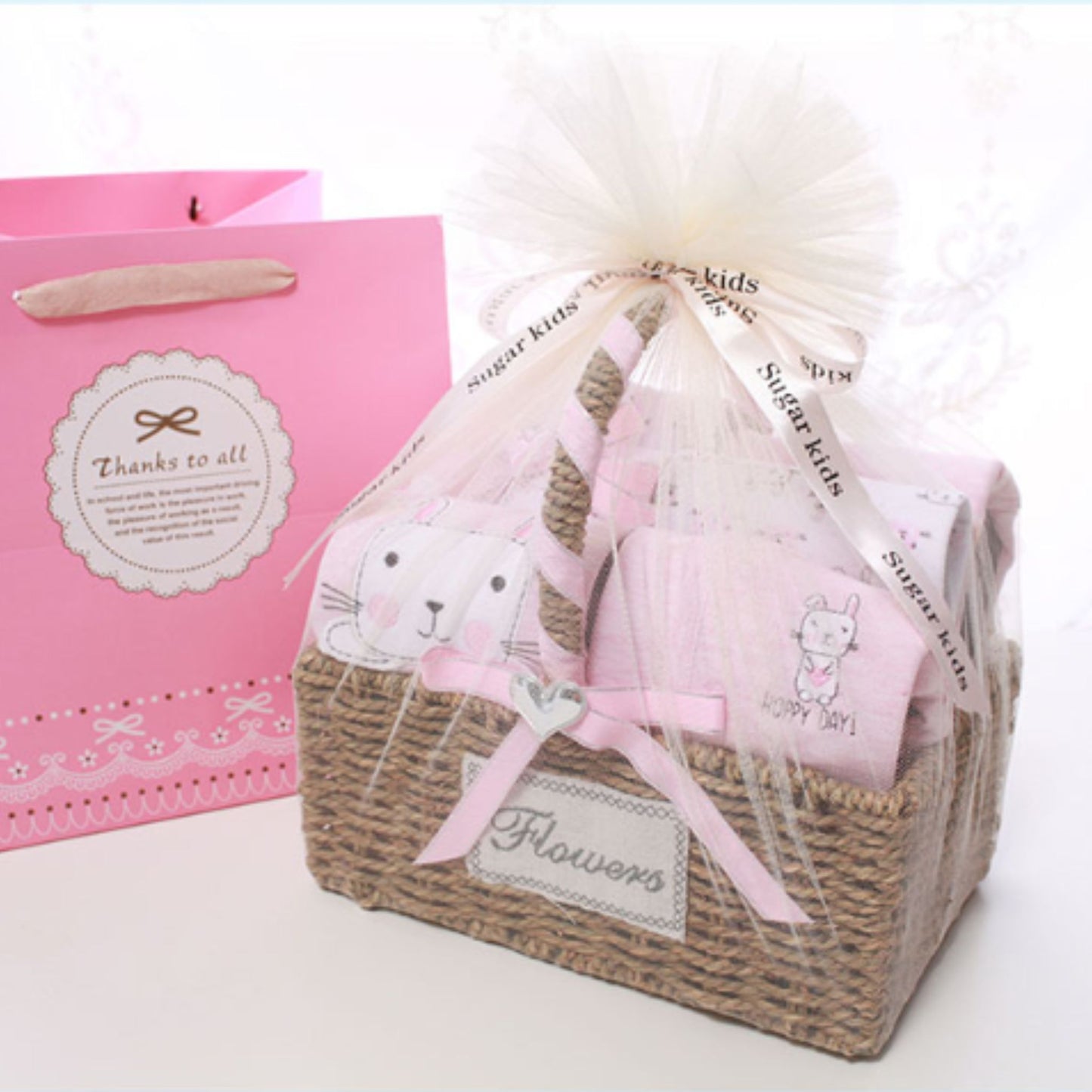 Baby Girl Bunny Rabbit Baby Gift Hamper Basket 3-6 Months