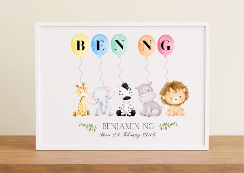 Safari Animals Nursery Wall Art Decor - Personalized Name