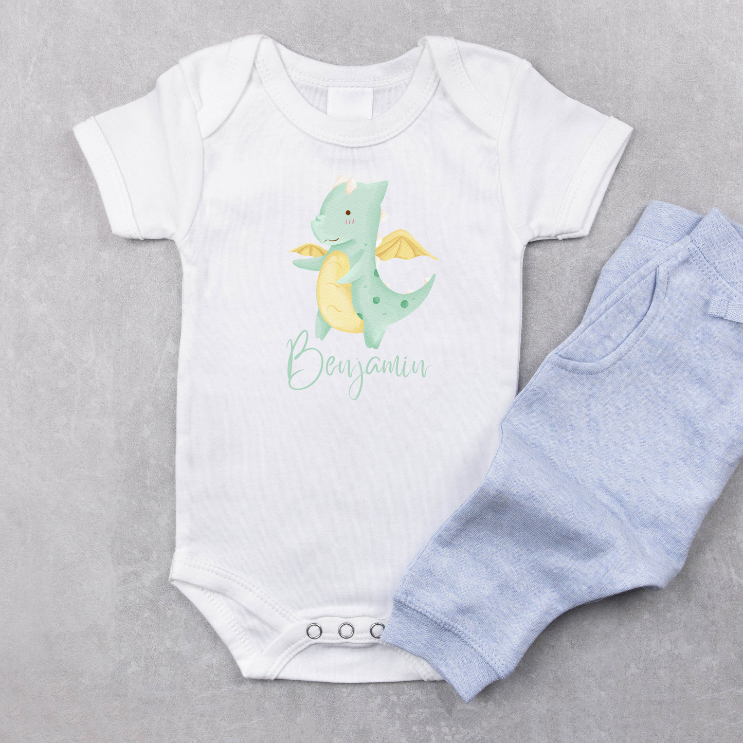 Customised Name Green Baby Dragon Boy Onesie