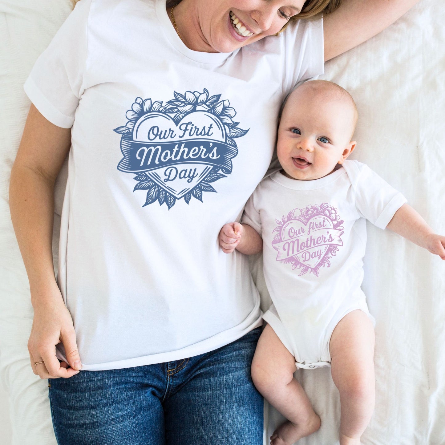 Vintage Floral Heart 'Our First Mother's Day' Matching Mom and Baby Outfit