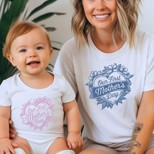 Vintage Floral Heart 'Our First Mother's Day' Matching Mom and Baby Outfit