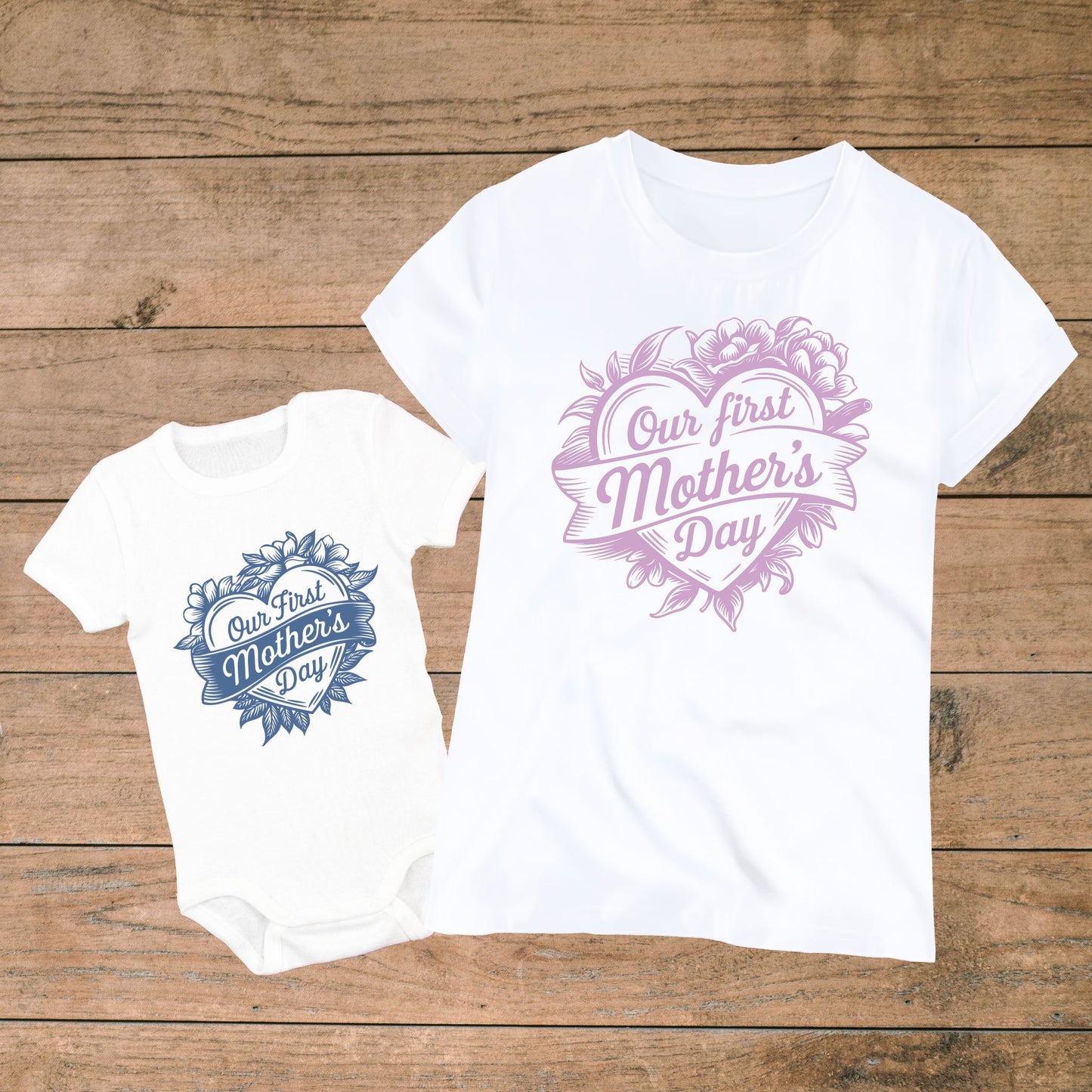 Vintage Floral Heart 'Our First Mother's Day' Matching Mom and Baby Outfit
