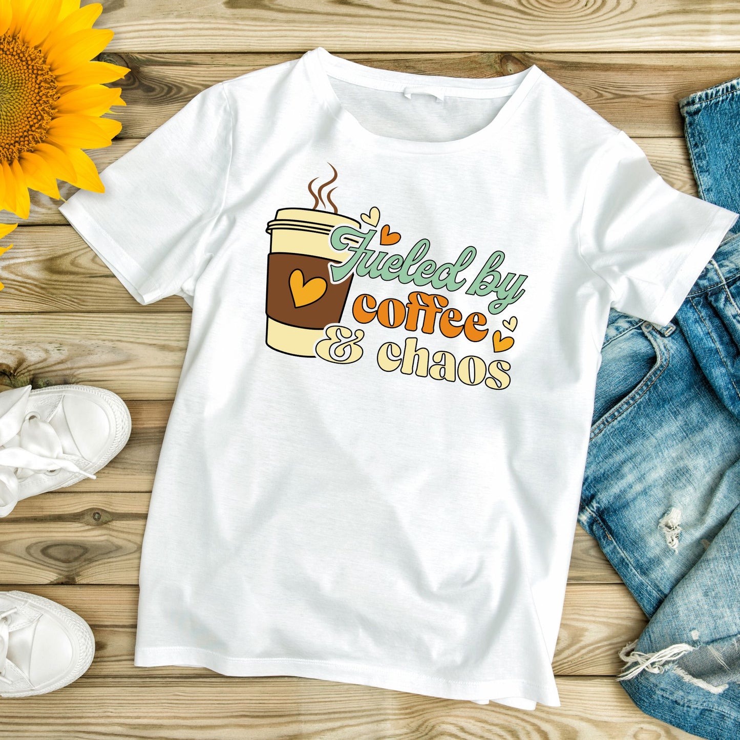 Fueled by Coffee and Chaos Funny Mom T-Shirt