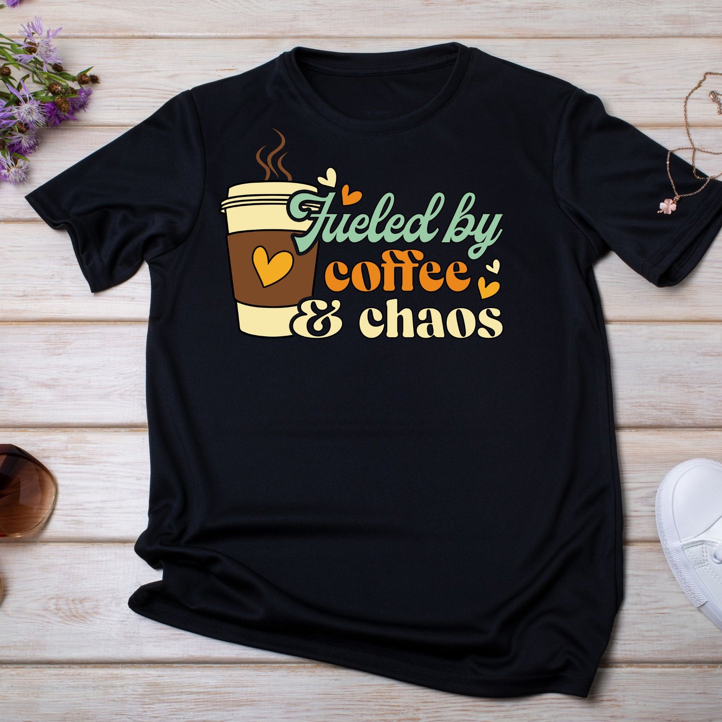 Fueled by Coffee and Chaos Funny Mom T-Shirt