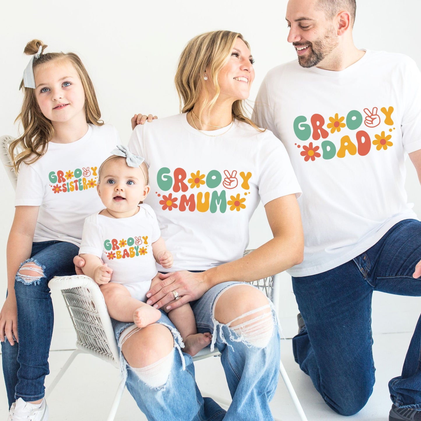 Groovy Vibes Family Matching T-Shirts & Baby Romper Set