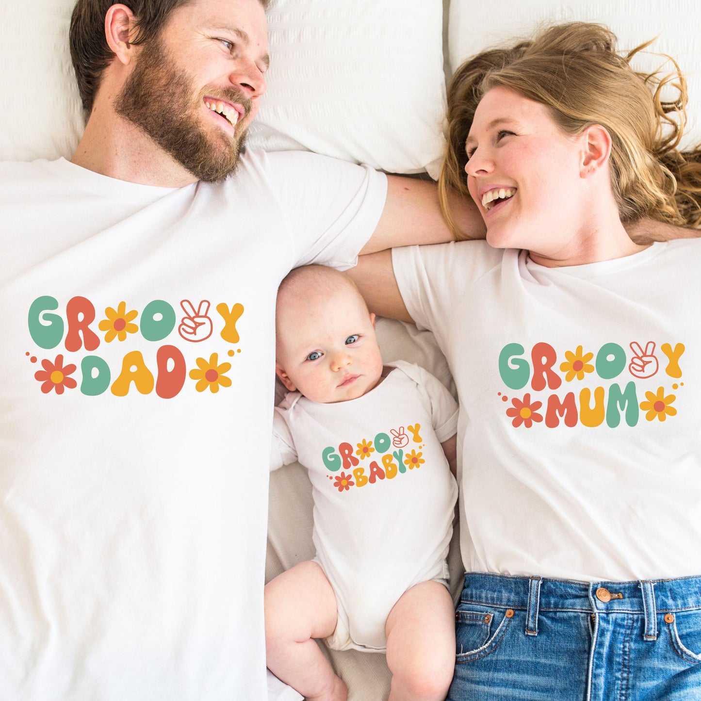 Groovy Vibes Family Matching T-Shirts & Baby Romper Set