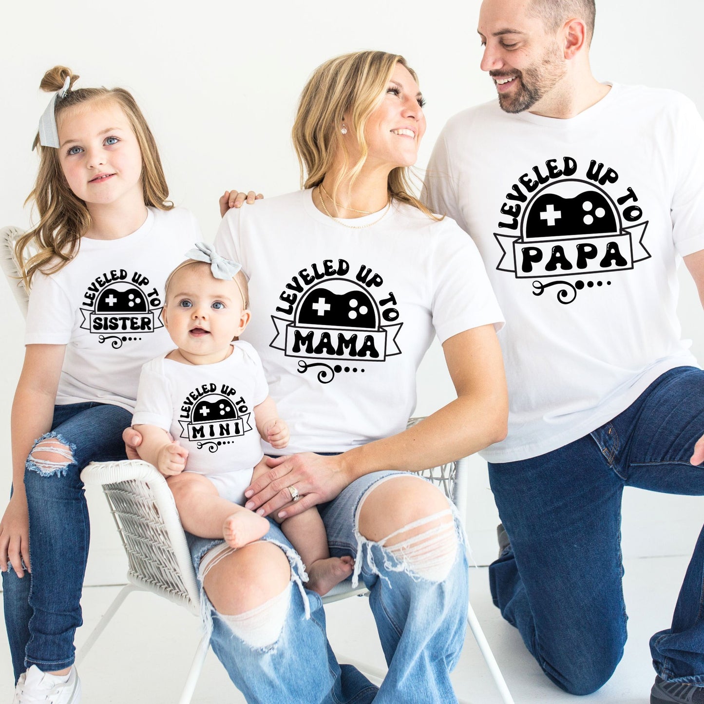 Leveled Up Family Gamer Matching T-Shirts & Baby Romper Set