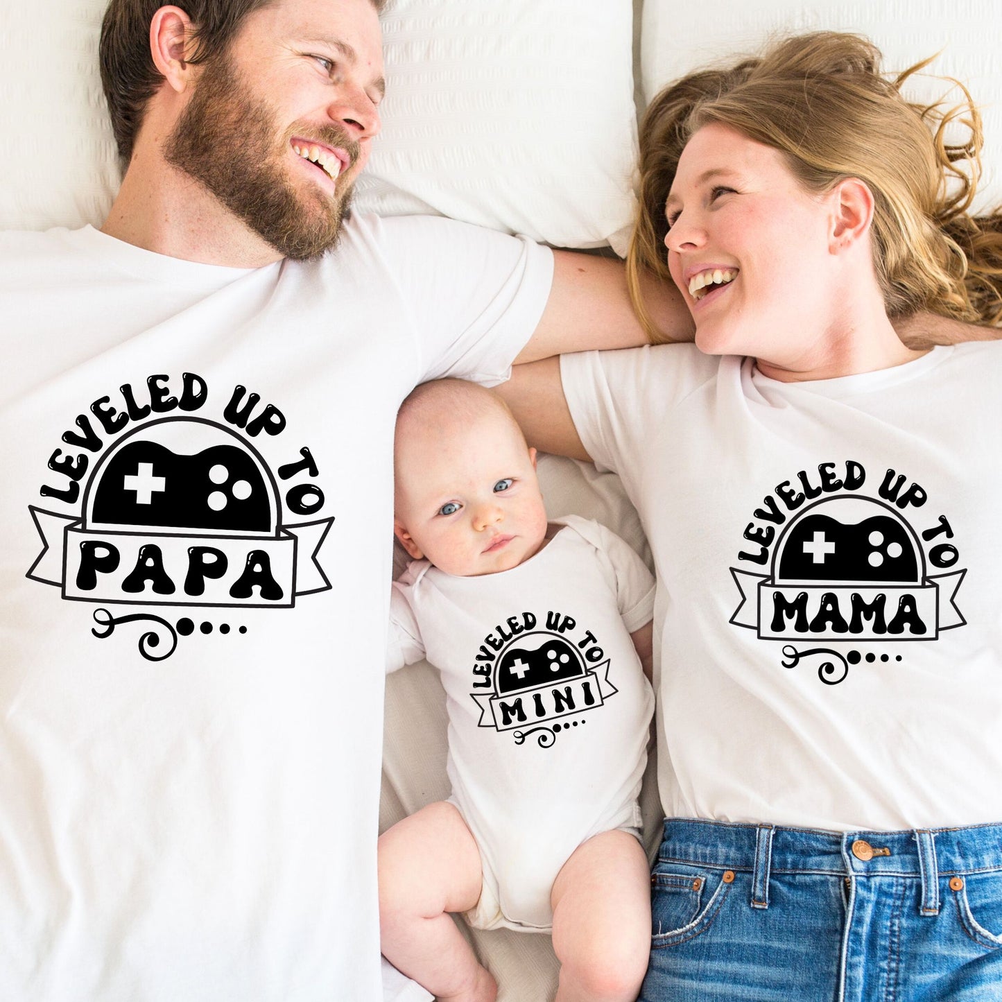 Leveled Up Family Gamer Matching T-Shirts & Baby Romper Set