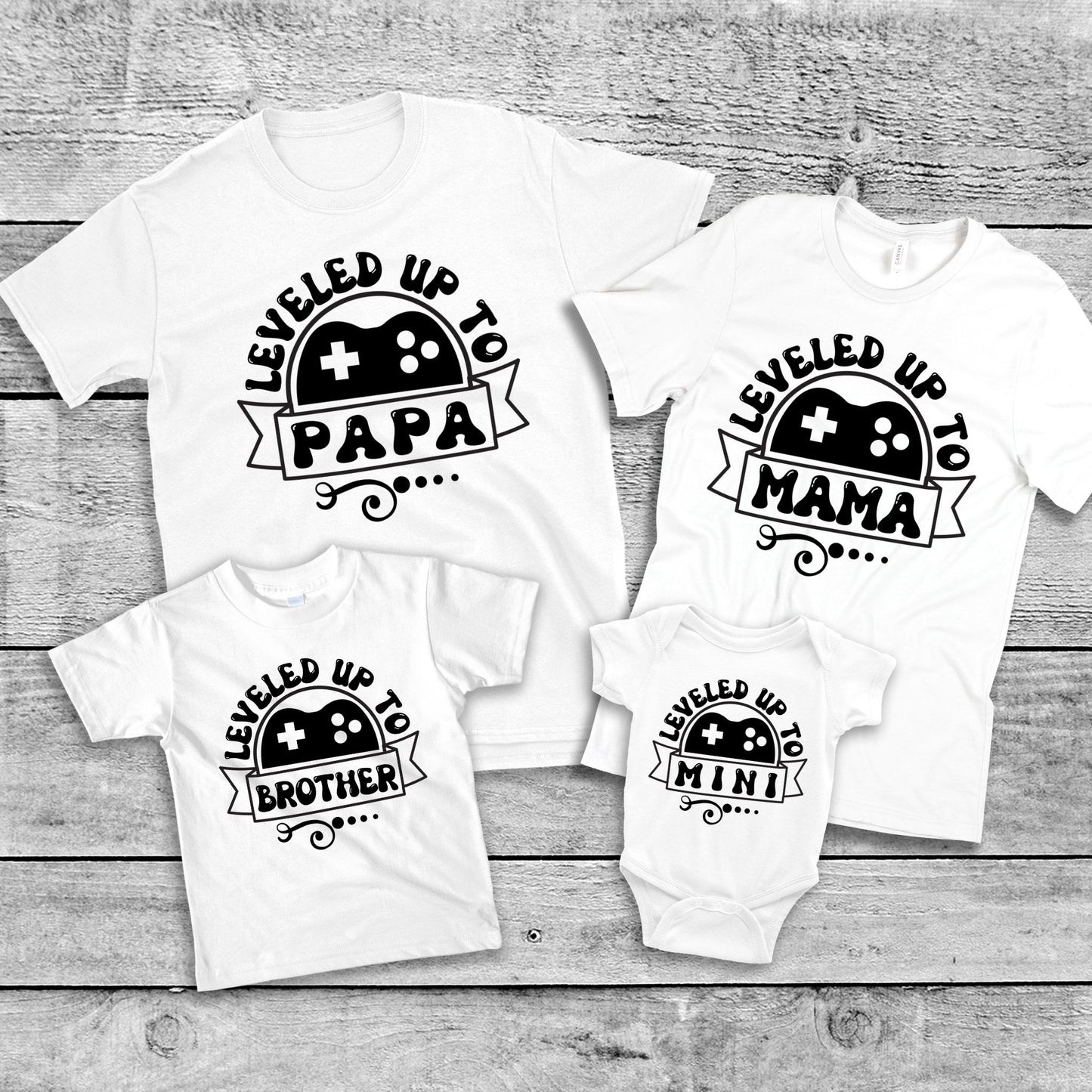 Leveled Up Family Gamer Matching T-Shirts & Baby Romper Set