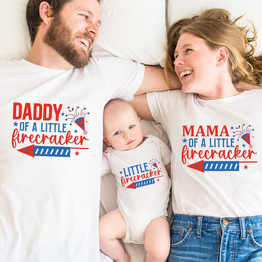 Little Firecracker Family Matching T-Shirts & Baby Romper Set