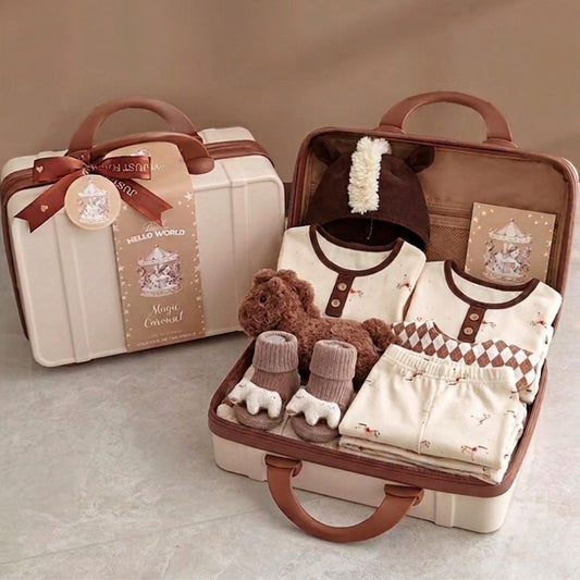 Horse inspired Baby outfit set with clothes, shoes, and a toy in a suitcase on a neutral background